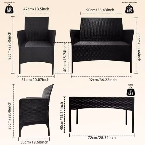 Alivio 4 Piece Rattan Furniture Set in Black with Coffee Table, 2 Seater Sofa, Armchairs and Cushions for Garden, Terrace or Balcony – 4