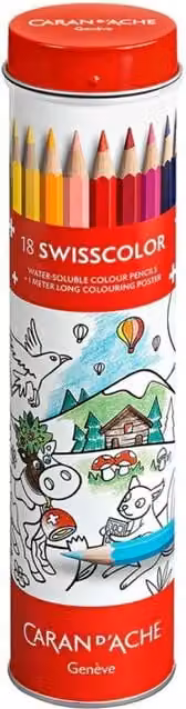 Caran d'Ache Swisscolor 18 Water-Soluble Colour Pencils in Assorted Colours with Metal Cylinder and Poster