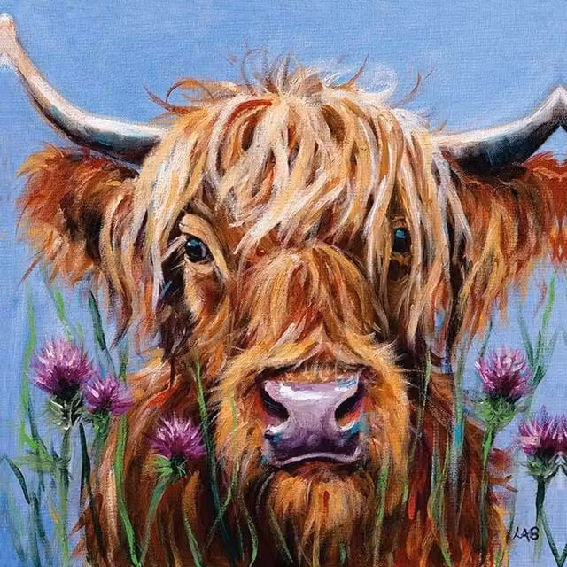 Louise Brown Highlander Floral and Animal Framed Canvas Print in Mid Blue and Multicolour