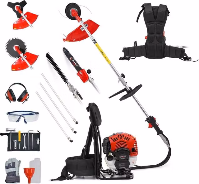 BU-KO 52cc Petrol Backpack Garden Multi Tool with Telescopic Pole, Strimmer, Hedge Trimmer, Pruner and Brush Cutter in Red/Black