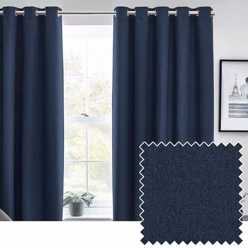 Furn Dawn Textured Blackout Eyelet Curtains in Midnight Blue, Thermal Insulated Pair, Width: 229 cm, Drop: 137 cm – 1