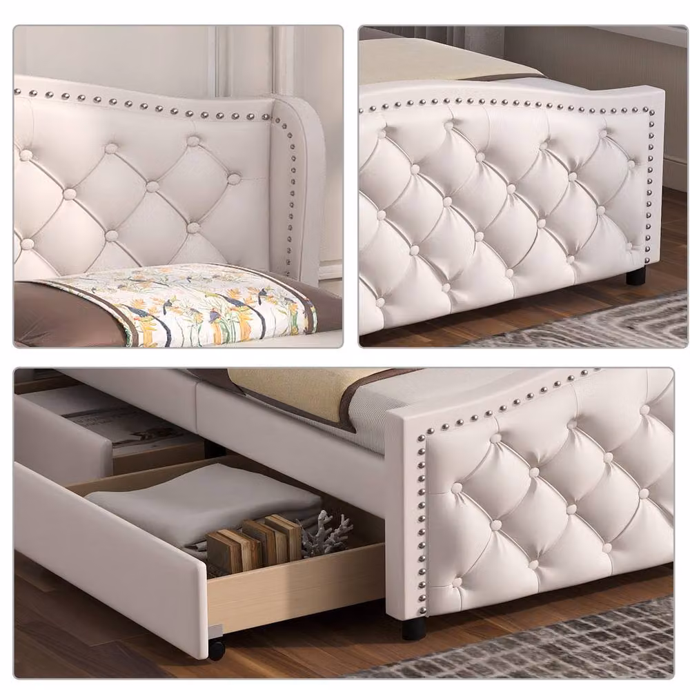HomeTouch Ella Double Bed Frame with Upholstered Headboard in White Faux Leather – 3