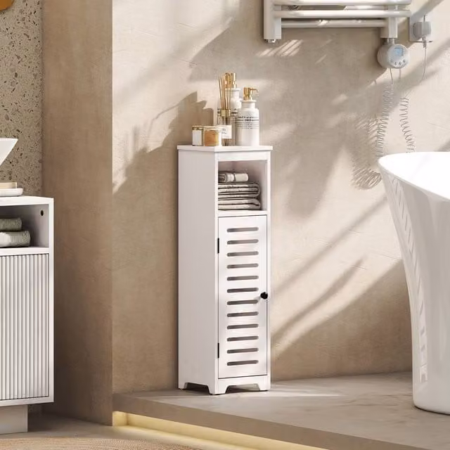 HOMCOM Modern Freestanding White Bathroom Floor Cabinet with Adjustable Internal Shelves and Hinged Doors – 1