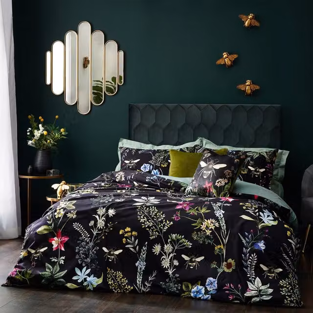 Make it a Home Midnight Bee Floral Velvet Duvet Cover Set, Black, Single