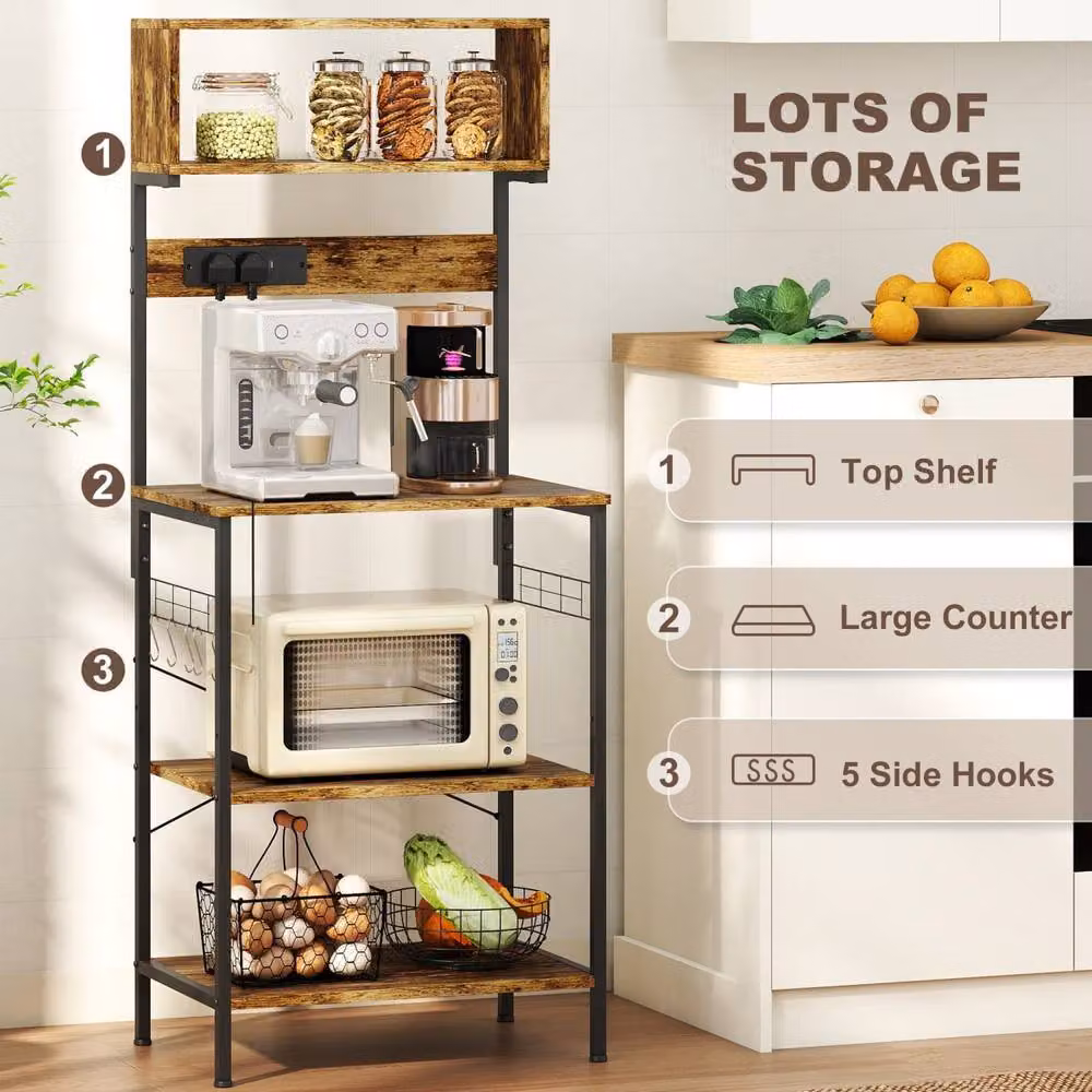 Wyld Haus Rustic Brown Industrial Bakers Rack with Adjustable Shelves and Power Outlets, W/D/H: 42 x 42 x 153 cm – 5