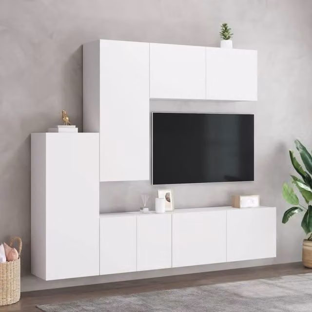 Berkfield Home Modern 5 Piece White TV Wall Unit and Lowboard Set with Wall Mounted Cabinets and Internal Shelves, W/D/H: 102 x 30 x 5 cm