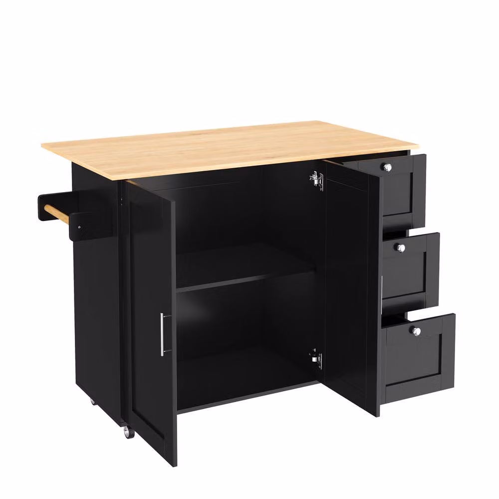 BTM Rolling Kitchen Island with Foldable Top, 3 Drawers and 2 Doors in Black, H 90.0 x W 70.0 x D 70.0 cm – 6