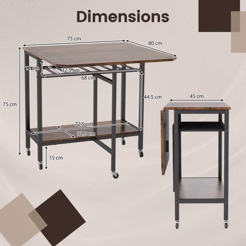 KORVIXA Portable Folding Kitchen Island Cart Table in Brown – 2
