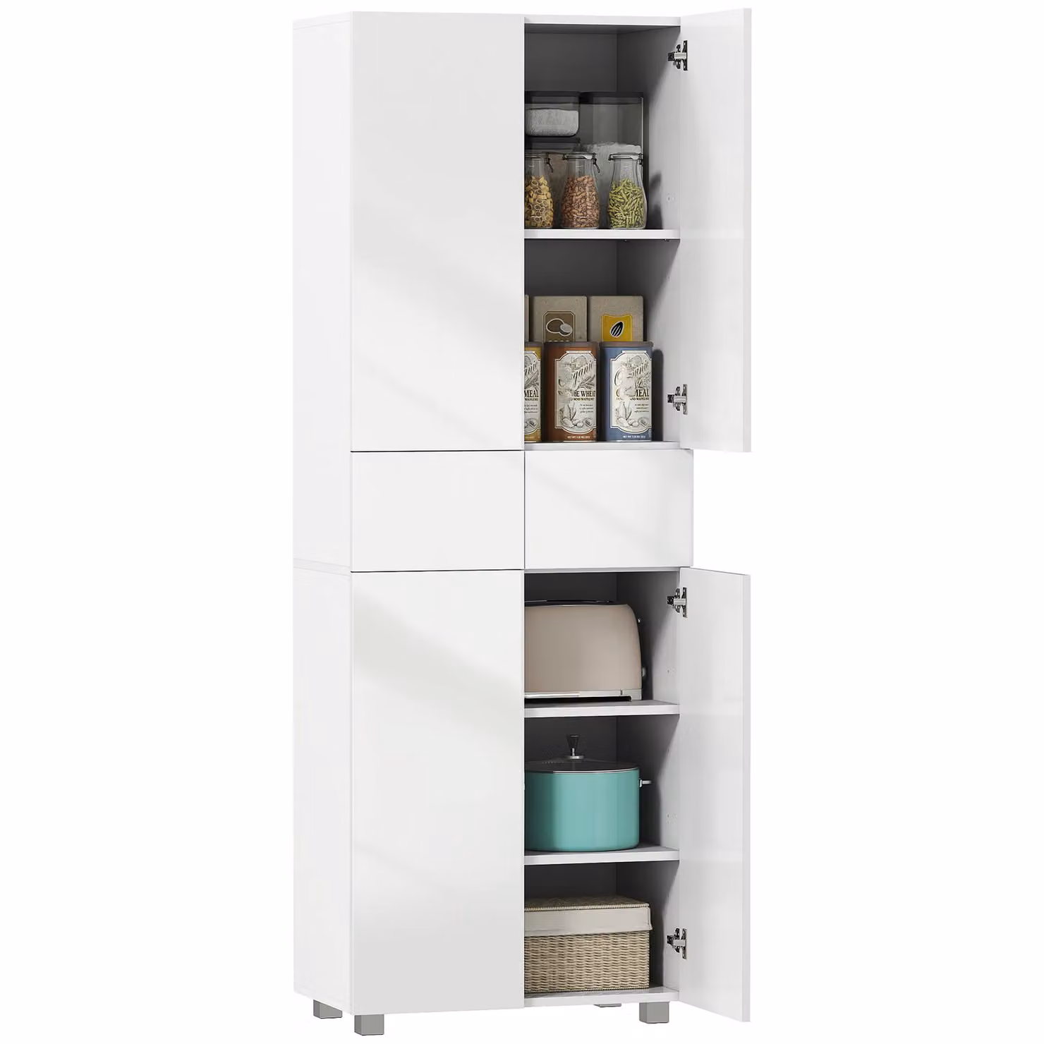 HOMCOM Modern Glossy White Freestanding Kitchen Cupboard and Pantry Storage Tall Unit with Hinged Doors and Internal Shelves – 2