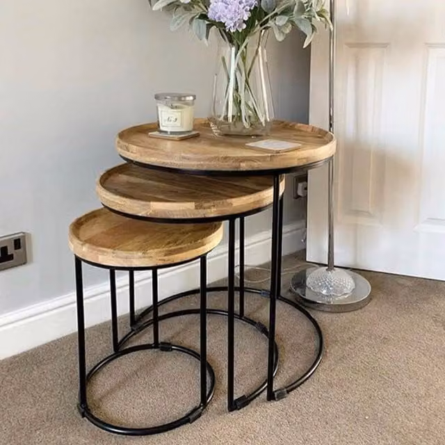 Elm Home And Garden Round Nest of Three Mango Wood Tables in Brown and Black