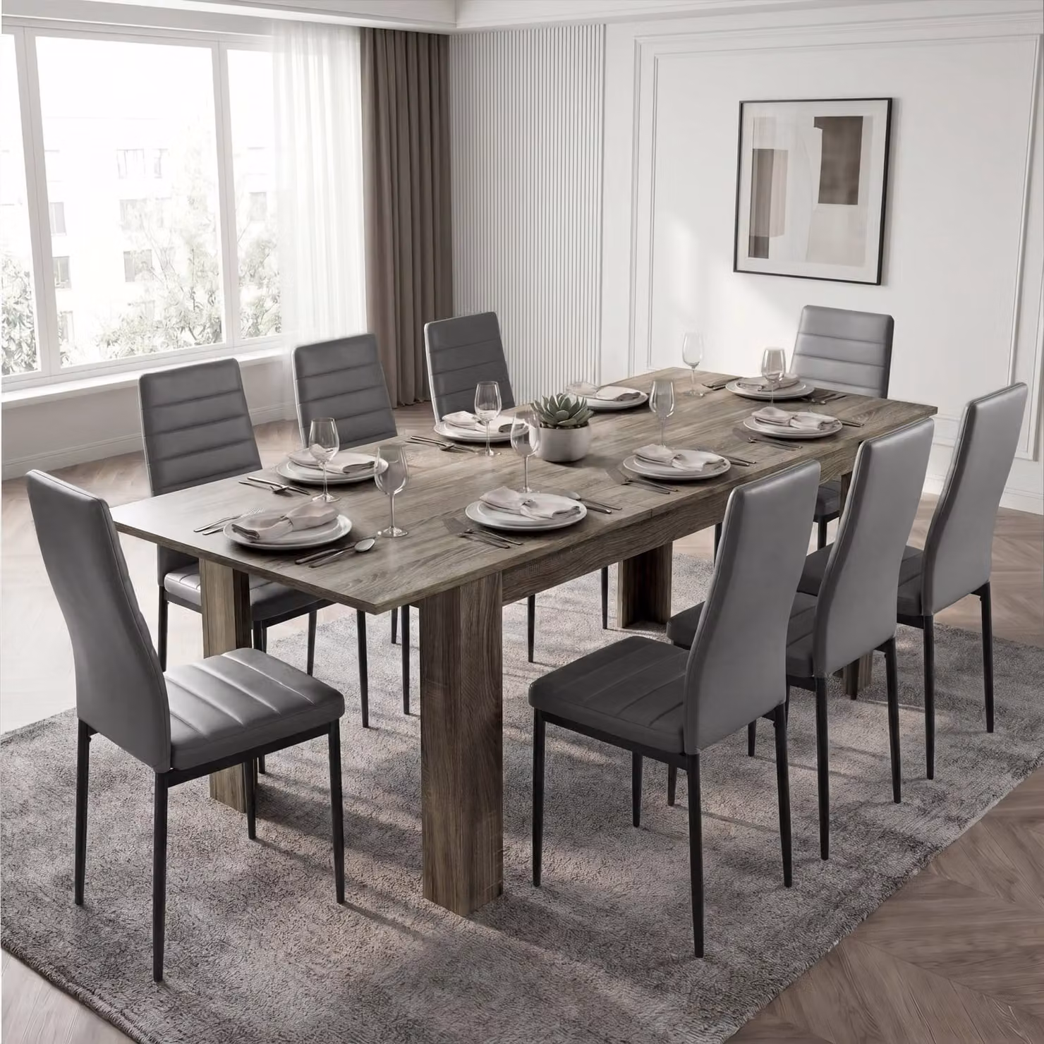 DHS Milo Extendable Rectangular Dining Table Set with 8 Chairs in Grey and Black