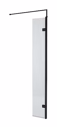 nuie WRFL18530BP Fluted Modern Bathroom Hinged Return Screen with Support Bar, Black, 8mm Toughened Safety Glass, W: 322 mm, H: 185 mm