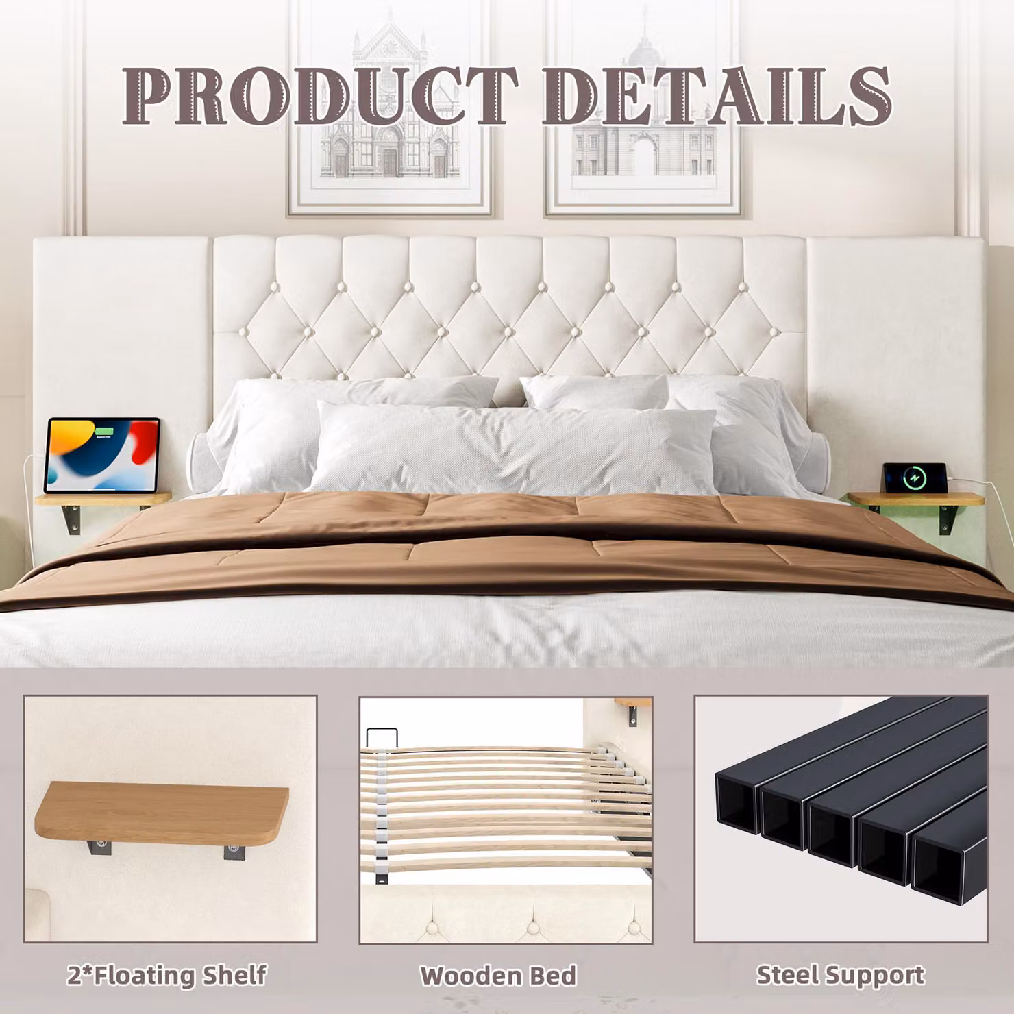 Aosom UK Modern Beige Upholstered Platform Bed with Hydraulic Lift System and Tufted Headboard, W/D/H: 135 x 190 x 103 cm – 3