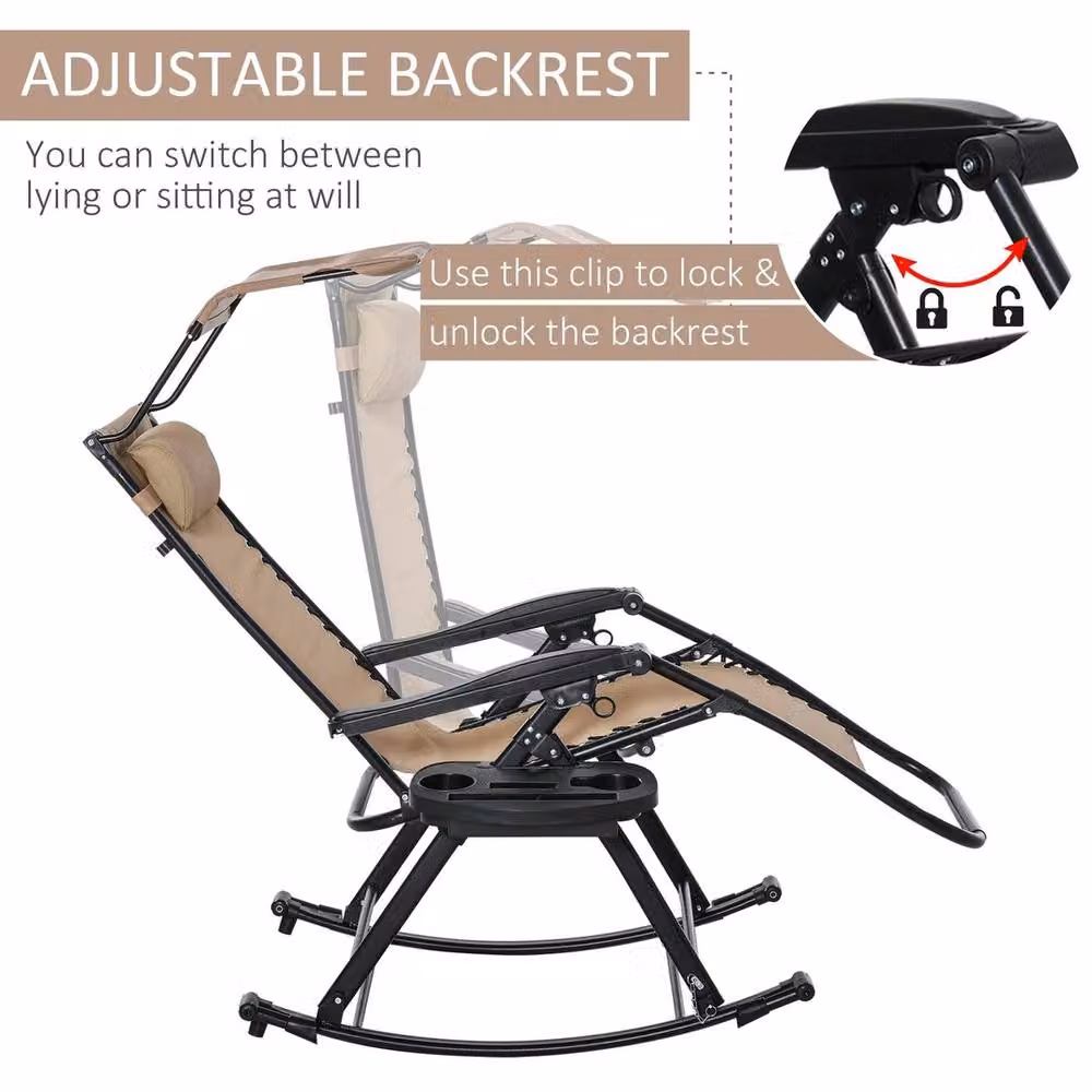 NESTLUNE Folding Recliner Chair Outdoor Lounge Rocker with Sun Canopy and Adjustable Headrest in Beige Multicolour – 3