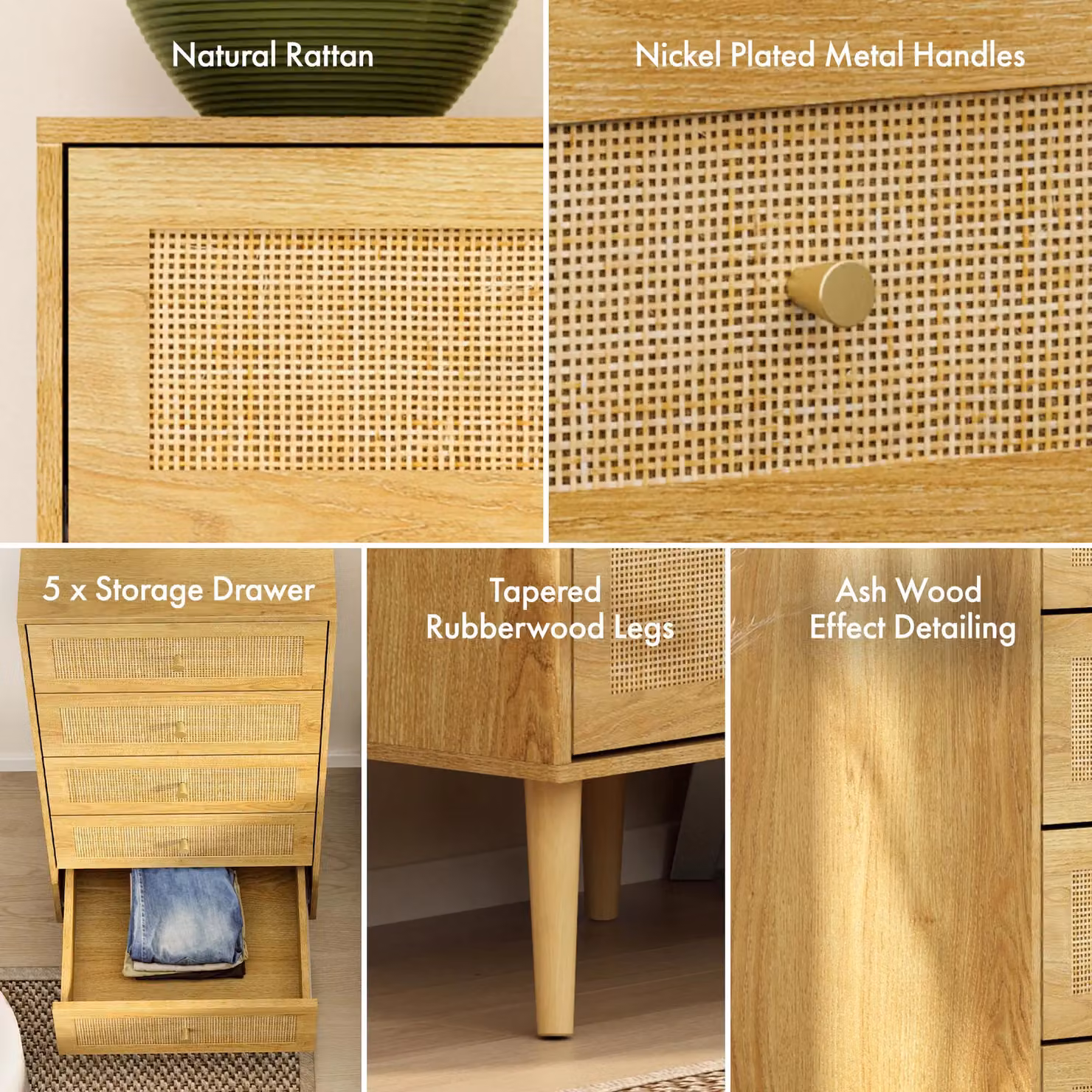 VonHaus Sienna 5 Drawer Rattan Fronted Tall Chest of Drawers in Natural Sand and Gold, W/D/H: 40.0 x 48.0 x 113.5 cm – 2