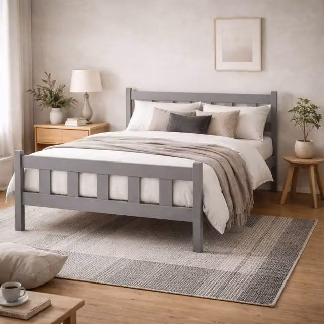 Wyld Haus Grey Washed Pine Double Bed with Panelled Headboard and Footboard, W: 140 cm, D: 200 cm – 1