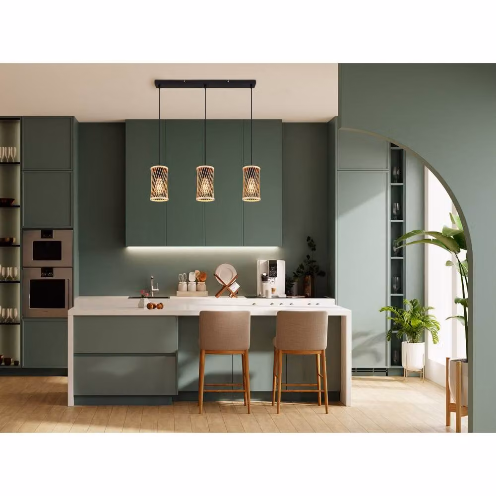 Netlighting Mali Bar Pendant Ceiling Light in Matt Black with Bamboo and Rattan Details, 3x E27 – 3