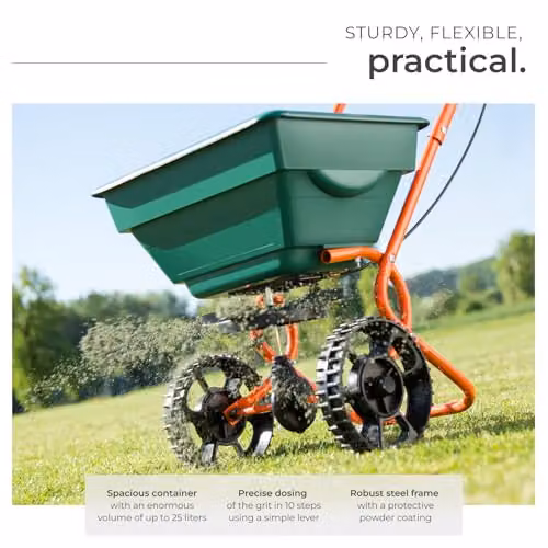 tectake Green Manual Broadcast Lawn Spreader with 25-Litre Capacity and Steel Frame – 3