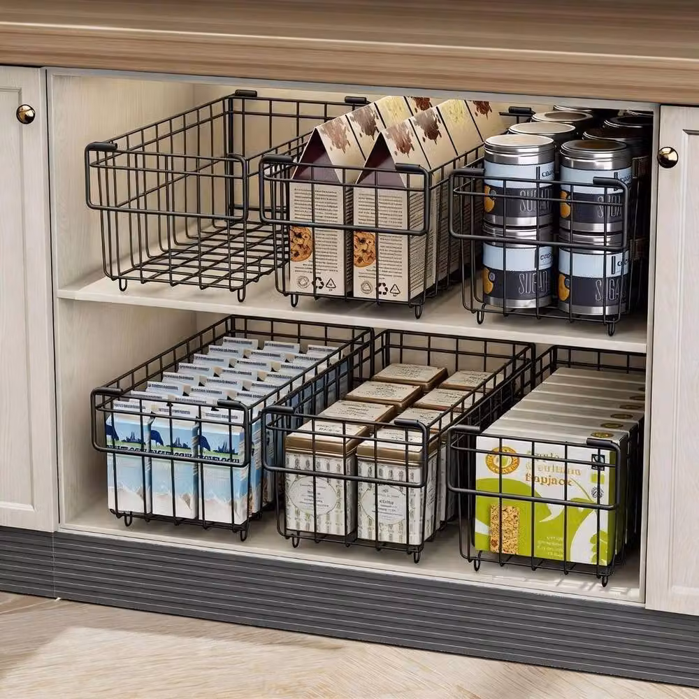 KORVIXA 6 Pack Heavy Duty Steel Stackable Wire Storage Baskets, Black, Width: 80 cm – 2