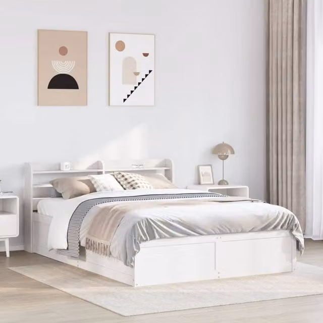 Berkfield Home Sleek Solid Wood Bed Frame with Headboard and Bedside Shelves, White, W/D/H: 160 x 150 x 200 cm