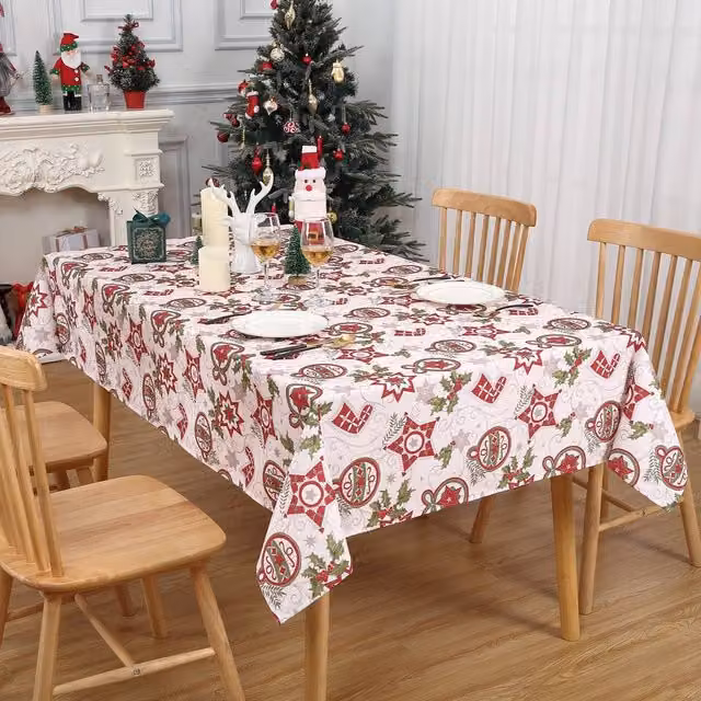 London Boutique White Waterproof Christmas Snowflake Tablecloth with Wipe-Clean Design