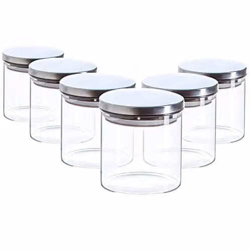 Argon Tableware Scandi Airtight Glass Storage Jars with Silver Metal Lids, 550ml, 6 Pack