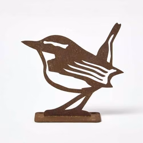 Homescapes Rustic Brown Steel Eurasian Wren Bird Garden Fence Topper