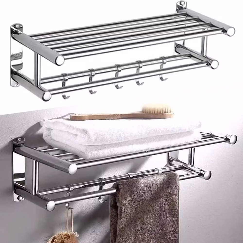 FORGEVIO Double Tier Wall Mounted Stainless Steel Towel Rail Holder in Silver, Width: 180 cm, Height: 180 cm – 3