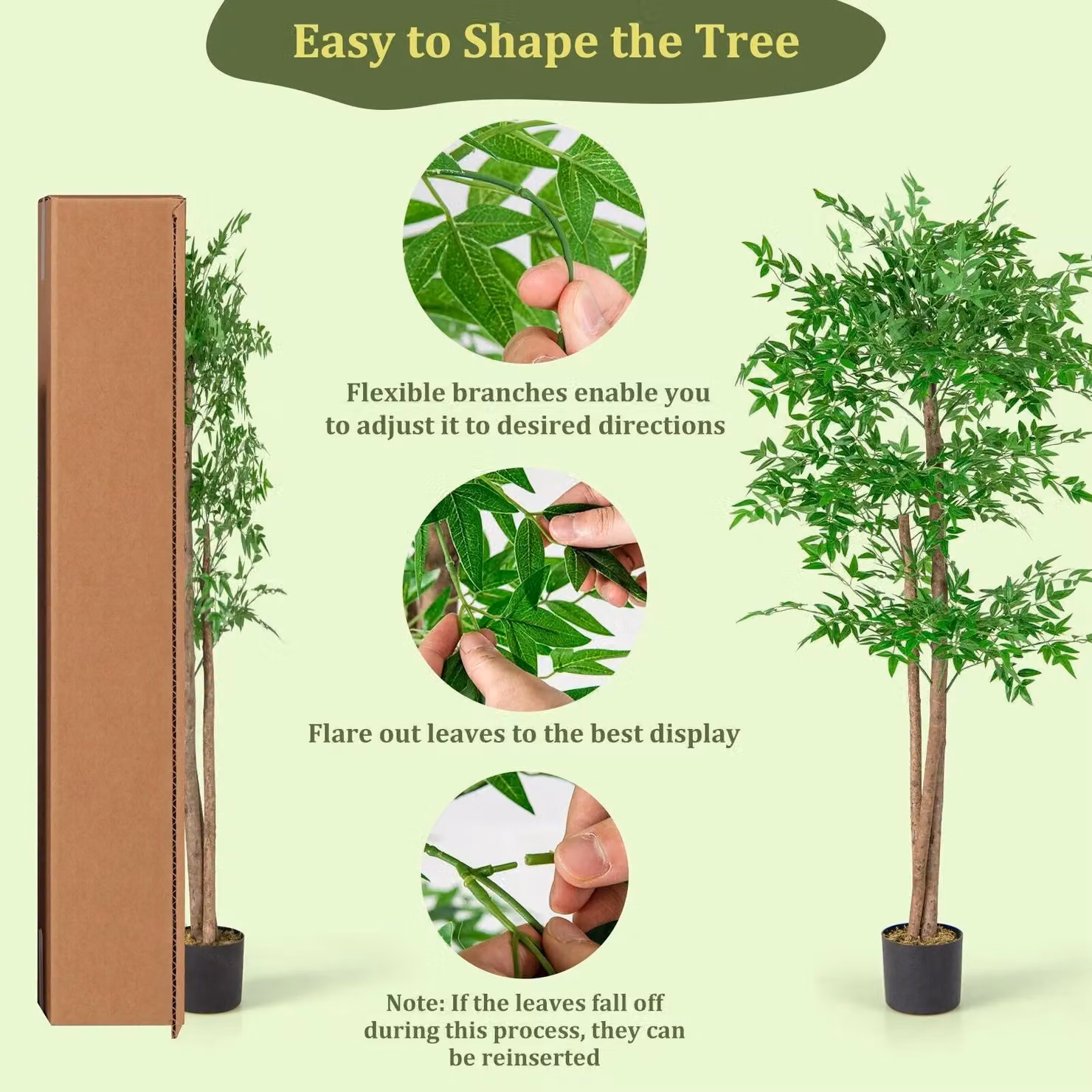 Costway 160 cm Artificial Bamboo Tree with Natural Wood Trunk in Green – 3