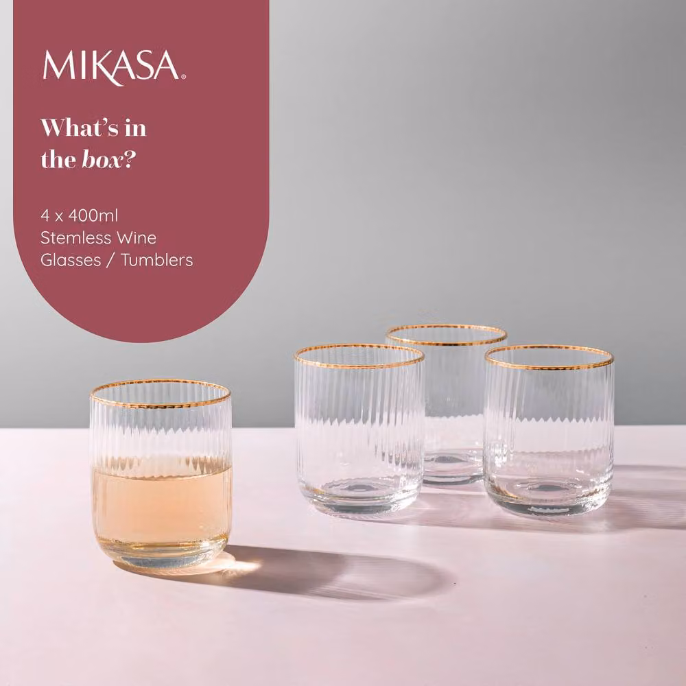 Mikasa Sorrento Set of 8 Lead-Free Crystal Tumbler Glasses, 400ml, Transparent with Gold Striped Detail – 4