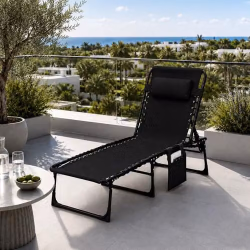 SHATCHI Black Folding Sun Lounger with 5-Position Adjustable Headrest and Textilene Fabric, W/D/H: 185 x 120 x 58 cm – 10