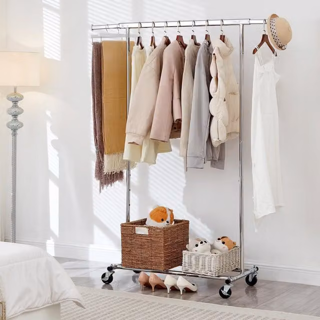 House of Home Heavy Duty Metal Clothes Rail with Shelf in Silver, Adjustable Width: 92-132 cm