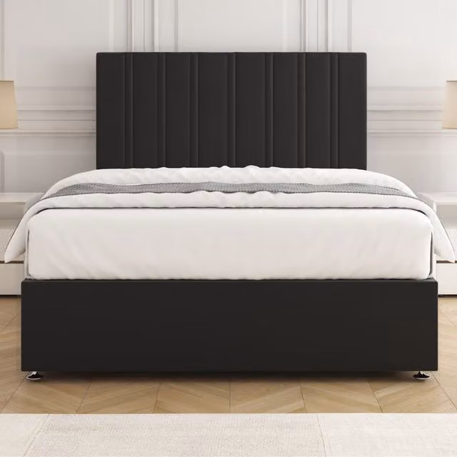 BSSPOKE Sienna Plush Velvet Divan Bed Set with 24 inch Headboard and Mattress in Black, Super King, W: 200 cm x D: 200 cm – 1