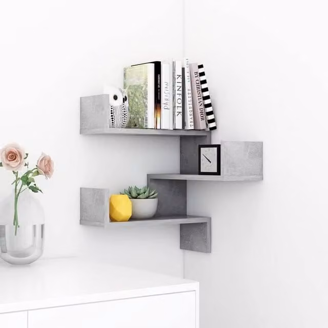Berkfield Home Wall Mounted Corner Shelf in Concrete Grey, W/D/H: 40 x 40 x 50 cm