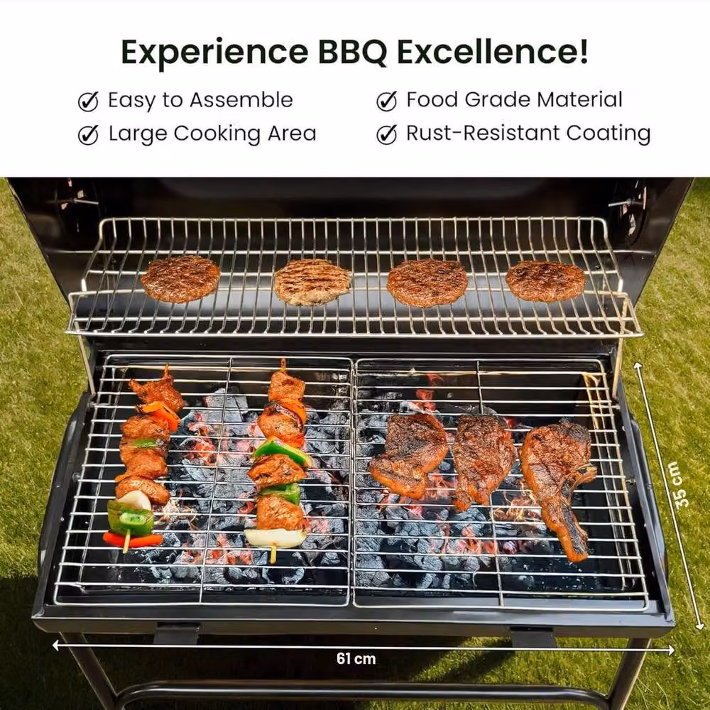 Trendi Charcoal BBQ Grill and Smoker Barrel Barbecue in Black with Warming Rack and Wheels – 3