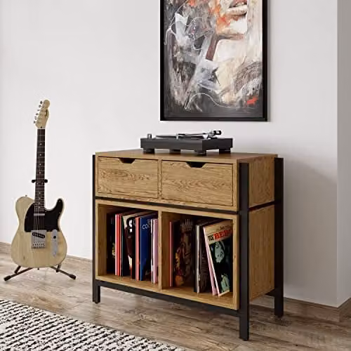 Alphason Louisiana Plus Turntable Stand in Oak Brown and Black, W/D/H: 42.38 x 40.0 x 76.2 cm