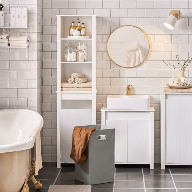 SoBuy Modern Tall Bathroom Cabinet with Integrated Laundry Bin in Matt White – 1