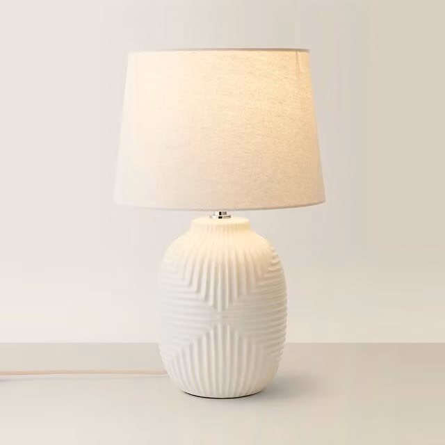 Harrison Medium Geo Ribbed Gloss Ceramic Table Lamp with Tapered Shade in White