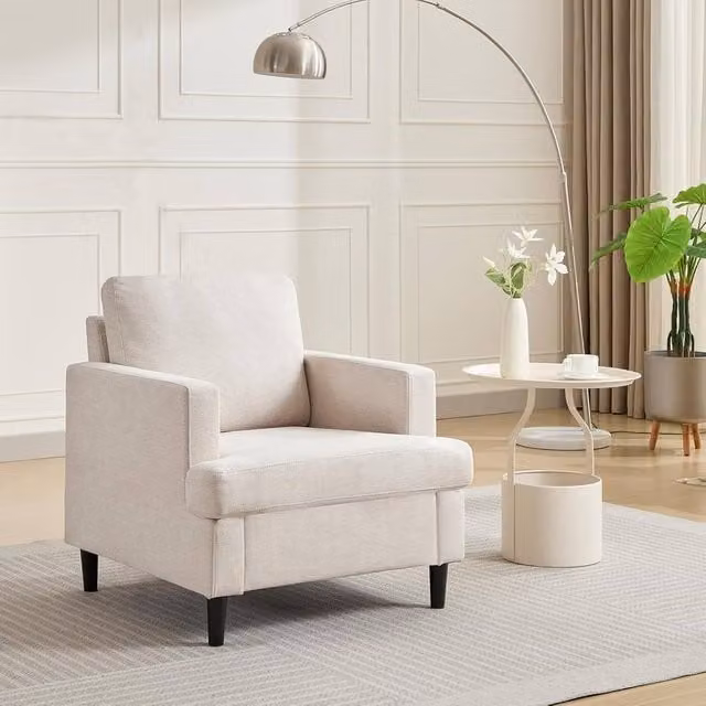 London Boutique Modern Single Accent Chair in Beige Linen Upholstery with Foam Cushion