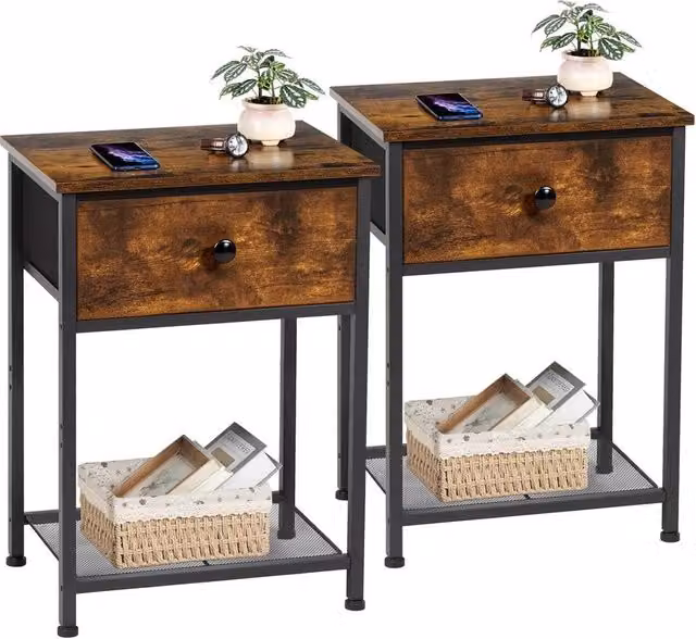 FORGEVIO Set of 2 Brown Industrial Bedside Tables with Fabric Drawers