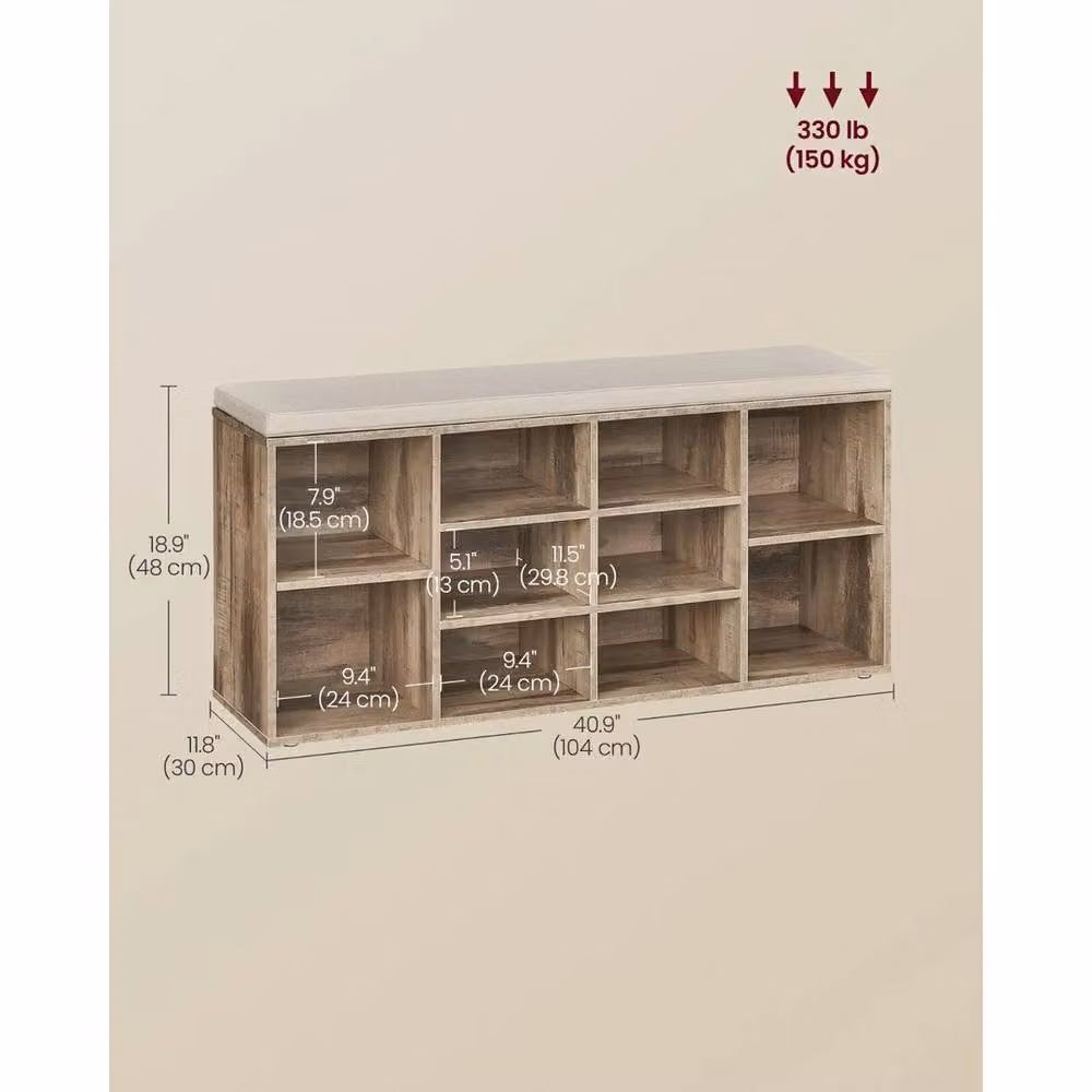 SPETLEK Storage Bench with Brown Linen-Look Fabric Padded Cushion, W/D/H: 150 x 30 x 48 cm – 2