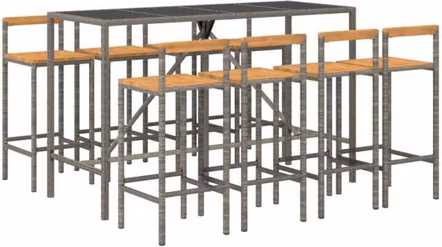 Berkfield Home Beautiful 9 Piece Grey Poly Rattan and Solid Acacia Wood Garden Bar Set – 1