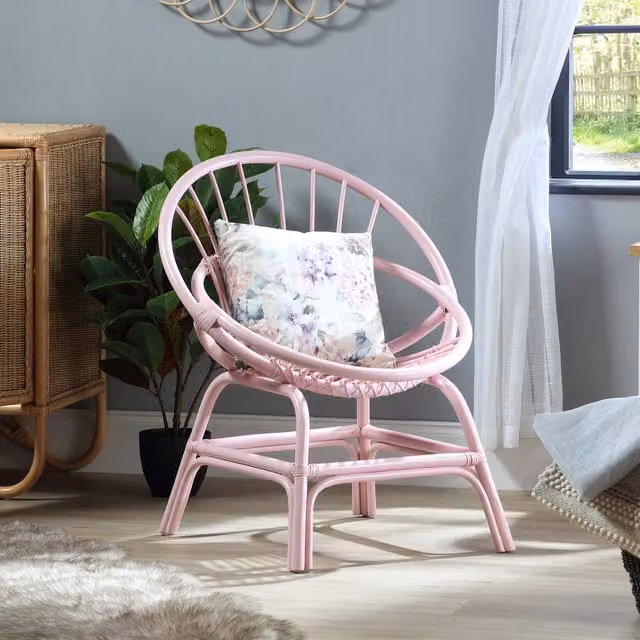 Desser Pink Rattan Moon Bowl Chair with Fabric Matt