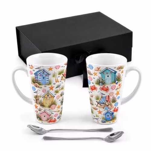 Purely Home Seaside Delights Tall Latte Mugs and Spoons Gift Boxed Set in Multicoloured and White Ceramic
