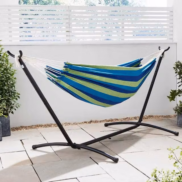 TrueShopping Striped Double Hammock with Folding Metal Stand in Blue, Green and Black