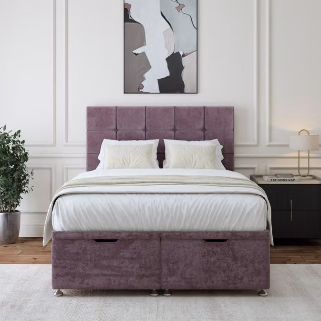 Bedmaster Luxury Velvet Ottoman Divan Base and Square Headboard in Mauve, W/D: 120 x 200 cm – 1