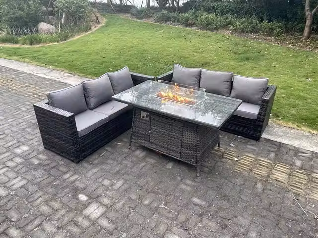 Fimous 6 Seater Outdoor Rattan Garden Furniture Set with Gas Firepit Dining Table and Heater in Dark Grey