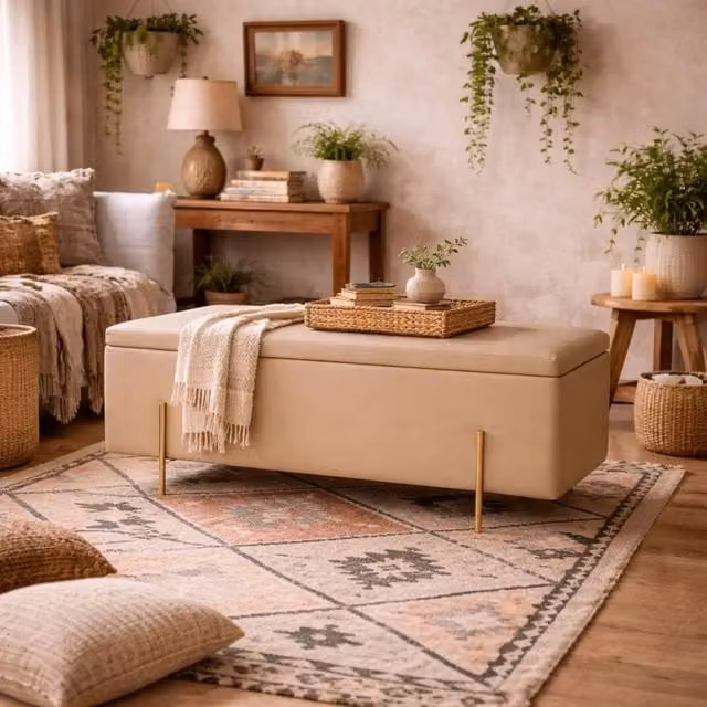 Wyld Haus Elowen Rectangle Storage Ottoman Bench in Beige Velvet with Brushed Gold Legs