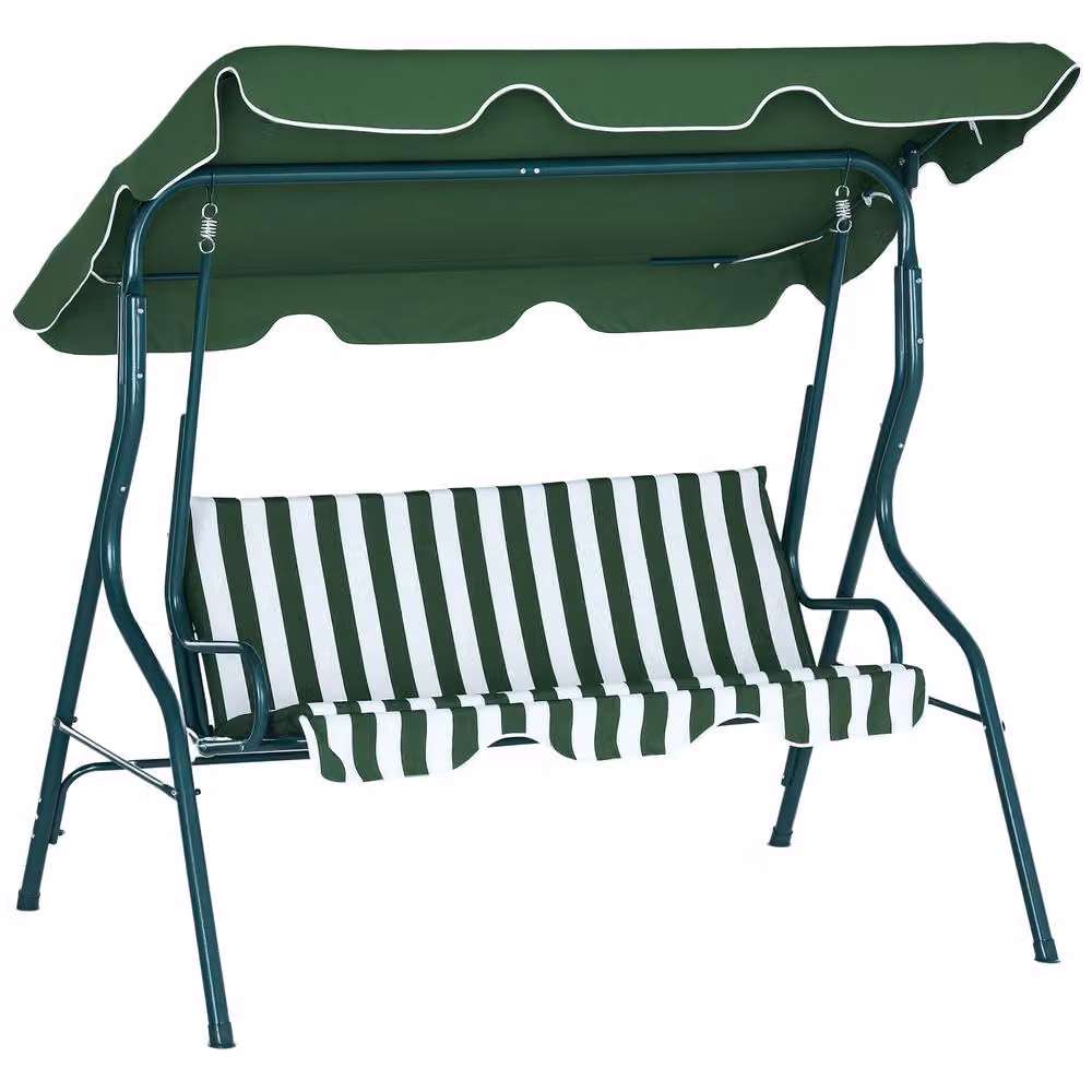 OUTSUNNY 3-Person Garden Swing Chair with Adjustable Striped Canopy in Green – 2