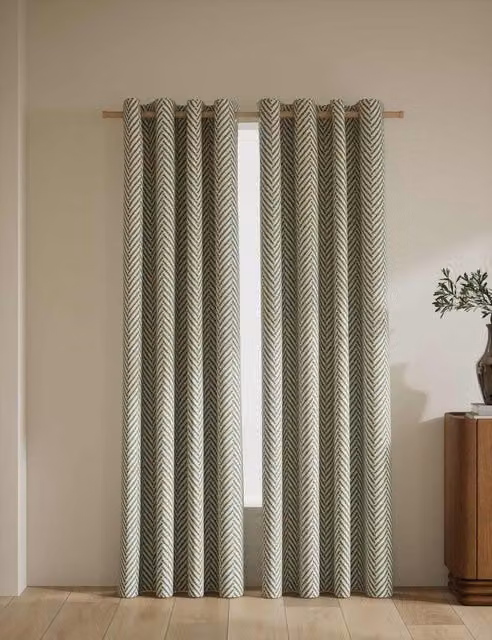 M&S Green Textured Herringbone Eyelet Curtains, H: 137 cm, W: 117 cm